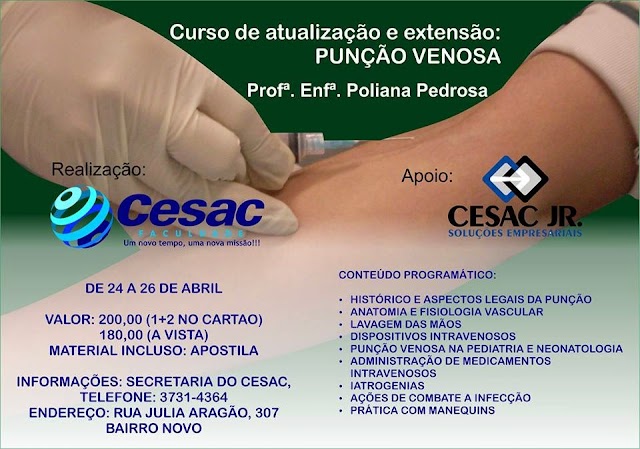 Curso de Punção Venosa será realizado na faculdade CESAC em Santa Cruz do Capibaribe