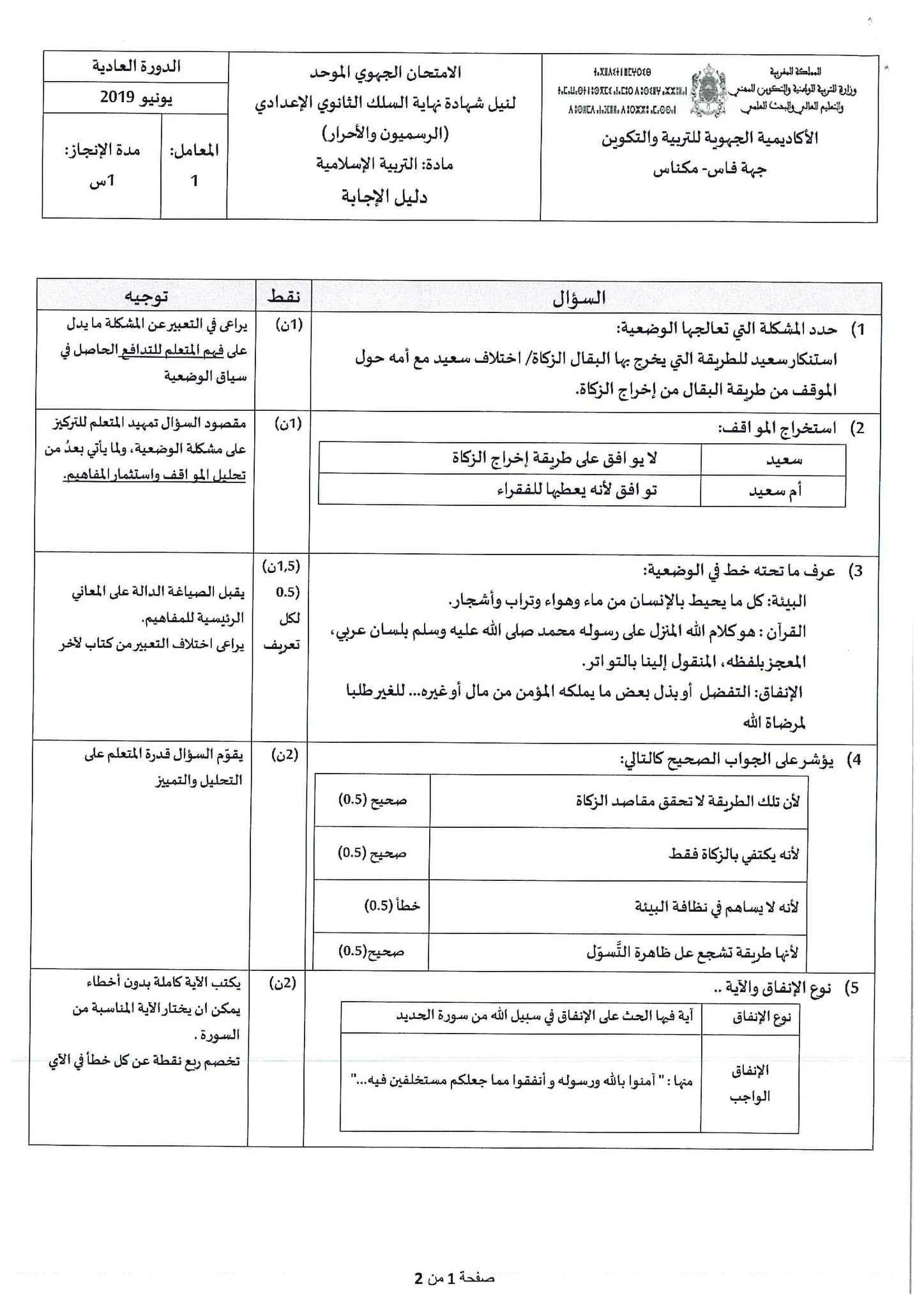 موحد جهوي الثالثة اعدادي في مادة التربية الإسلامية مع عناصر الإجابة جهة فاس - مكناس 2019