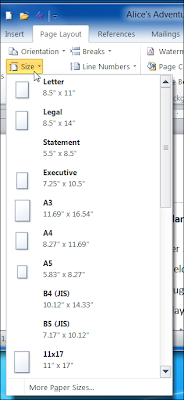 Paper size drop-down menu of MS Word 2010