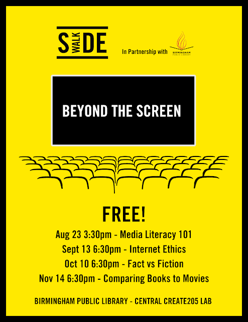 Flyer advertising Sidewalk & BPL's Beyond the Screen program happening at the Central Library in the Create205 Lab August through November.