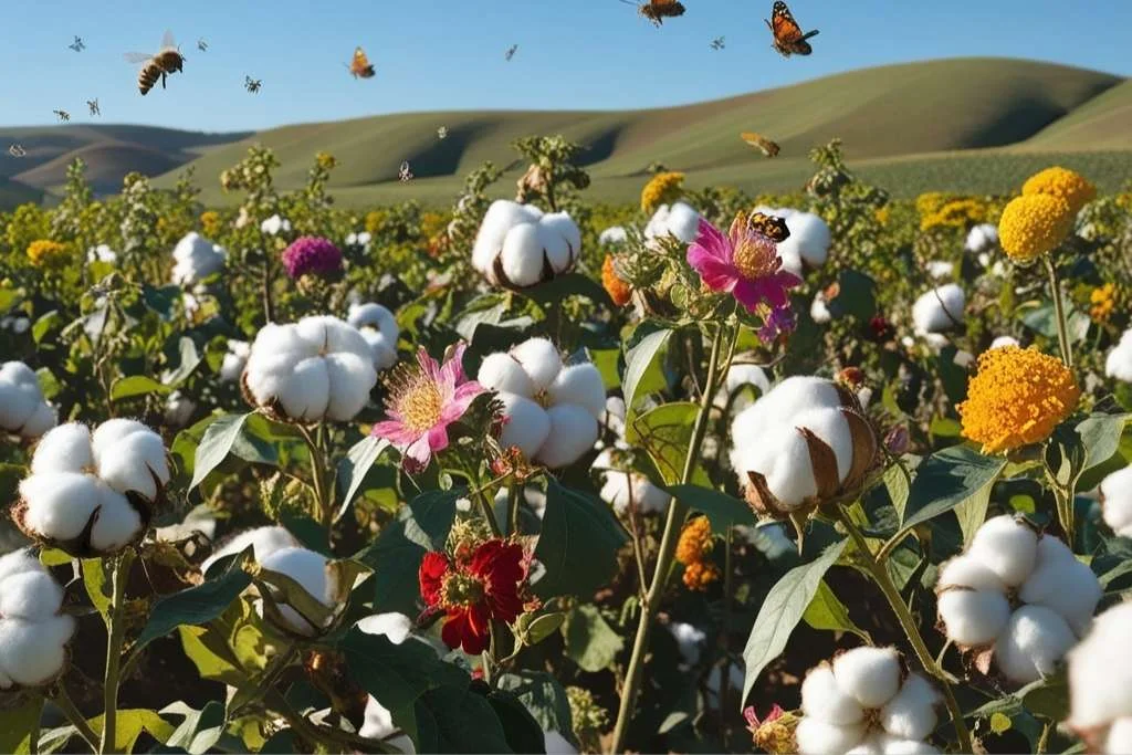 Lush organic cotton field with flowers