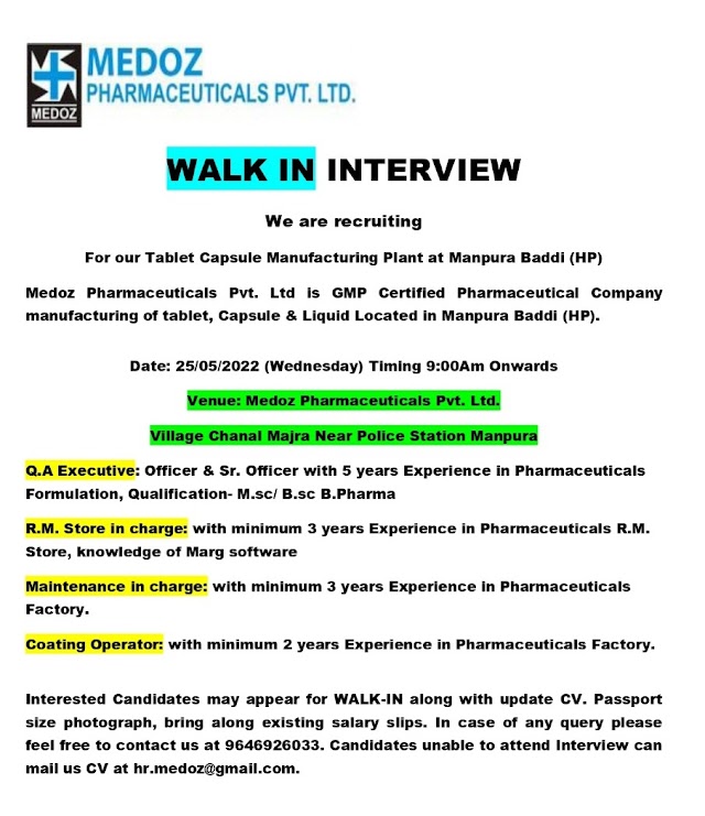 Medoz Pharmaceuticals | Walk-In Interview at Baddi for QA/Stores/Maintenance/Coating on 25th May 2022