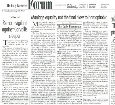 Student newspaper opinion piece on gay marriage and Corvallis Creeper Jan. 29, 2013, p. 3