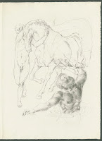 An illustration of a nude man with his arms around a horse's neck, slightly overlap with a man waist-deep in water.