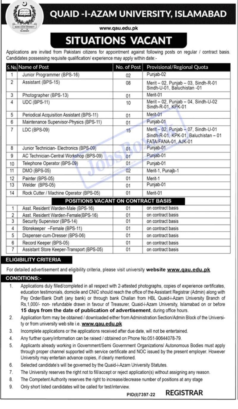 Quaid E Azam University Islamabad Jobs 2023 Advertisement