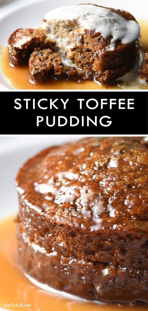 This traditional British Sticky Toffee Pudding dessert gets a slight make over with sweet California prunes instead of dates. Tender sponge cake is coated in a buttery and luscious caramel sauce. Every bite is to die for! #stickytoffeepudding #recipe #toffee #pudding #dessert