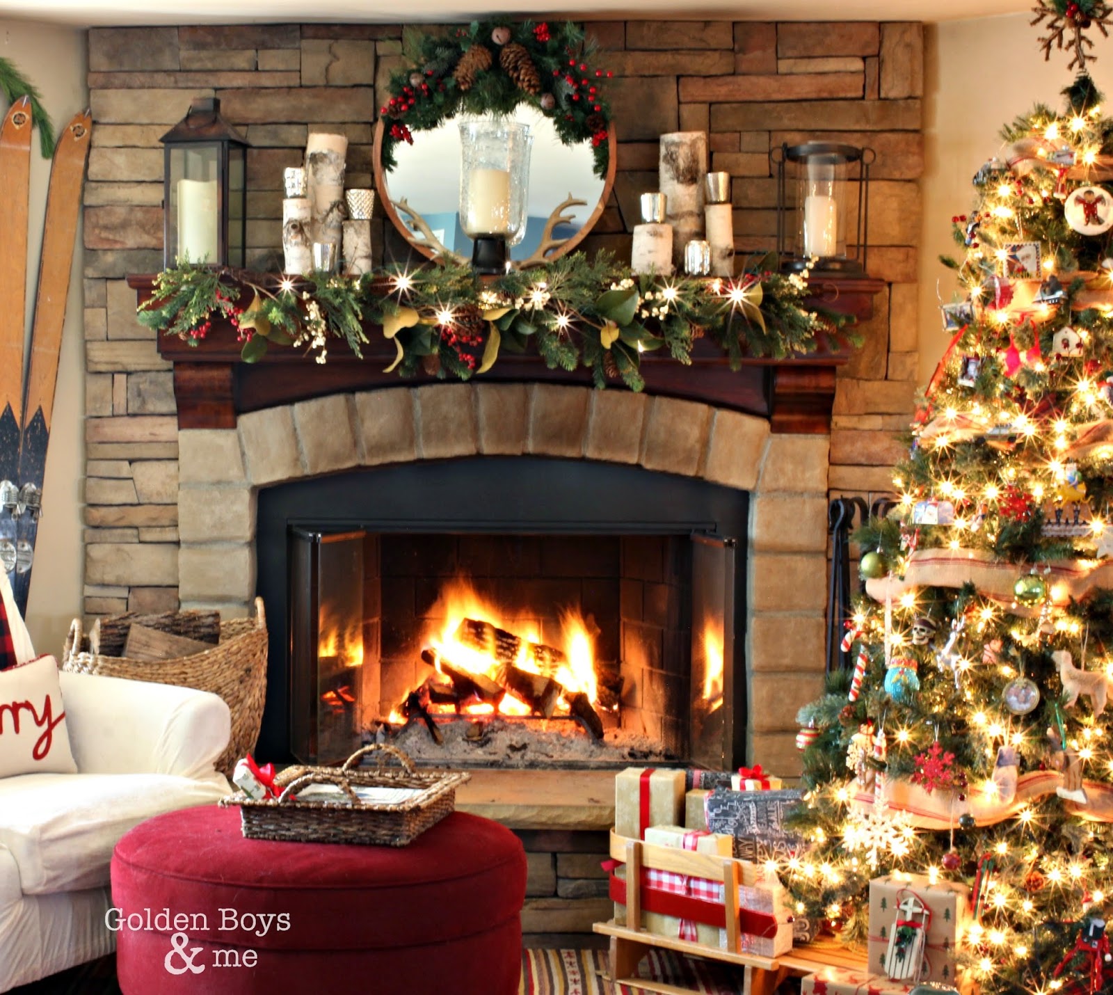 Corner stone fireplace in rustic lodge style Christmas family room-www.goldenboysandme.com