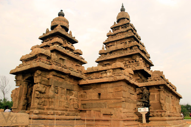 Shore temple has three shrines, two of which have pyramid shaped gopuras (temple tower)
