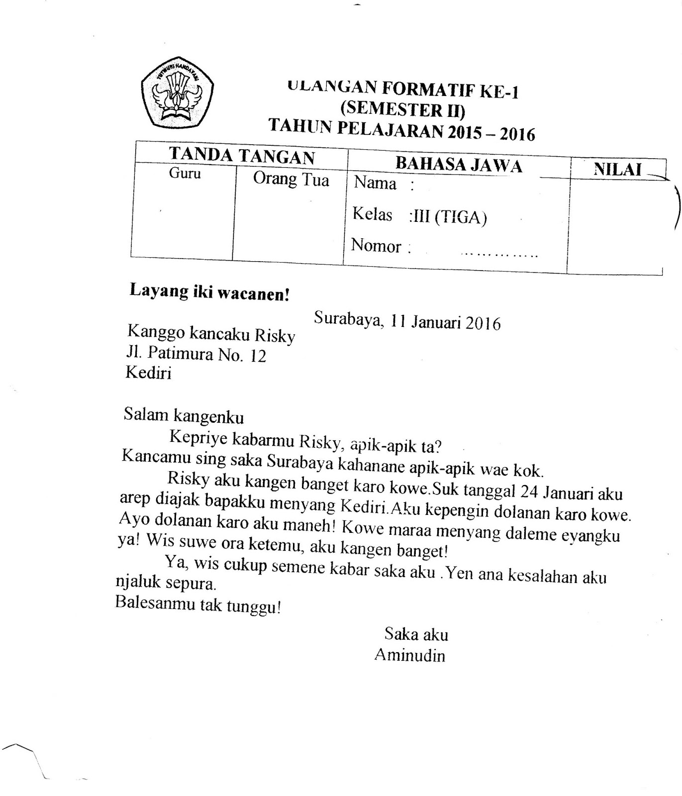 Ulangan Harian 1 Bhs Jawa SD Kelas 3 TA 2015 2016 Semester Genap