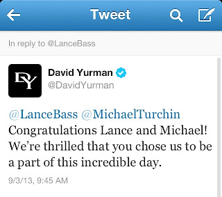 Tweet from @DavidYurman to @LanceBass: Congratulations Lance and Michael! We're thrilled that you chose us to be a part of this incredible day.