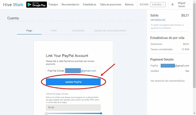 Asociar cuenta PayPal para pagos en Hive Work.