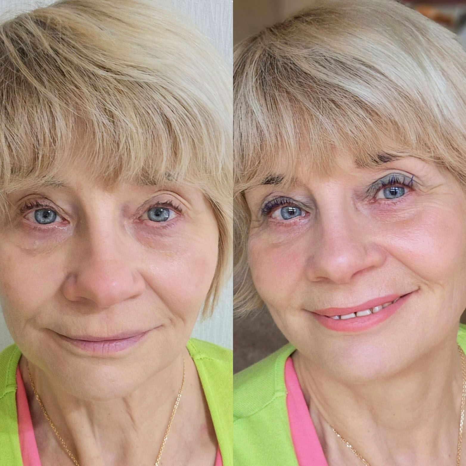 A Before and After: 62 year old woman's face before and after using make-up by Look Fabulous Forever