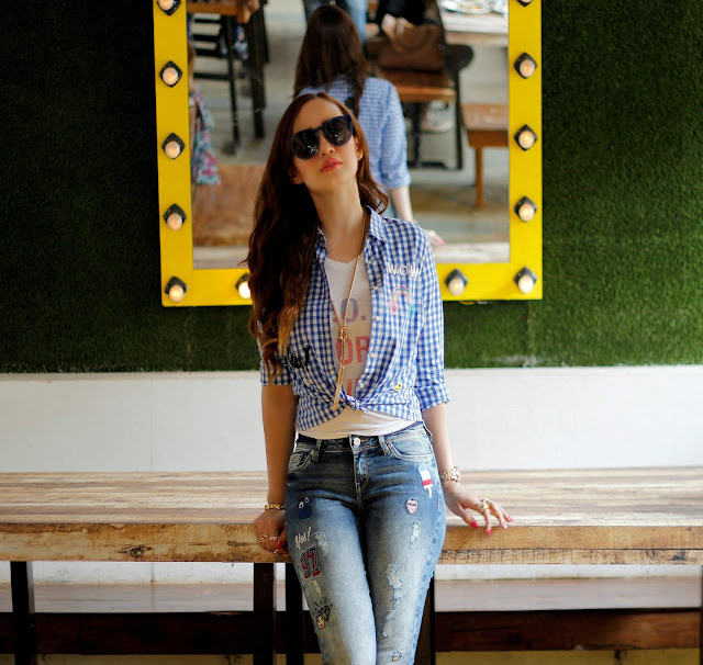 ONLY Knotted Up Check Shirt, Distressed Patch-work Jeans, Casual Chic Look, Light House Cafe Worli