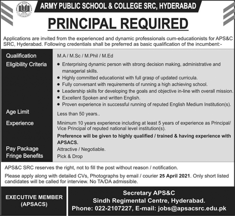 Army Public School & College SRC, Hyderabad Jobs 2021 in Pakistan - Latest Jobs in Army Public School & College 2021