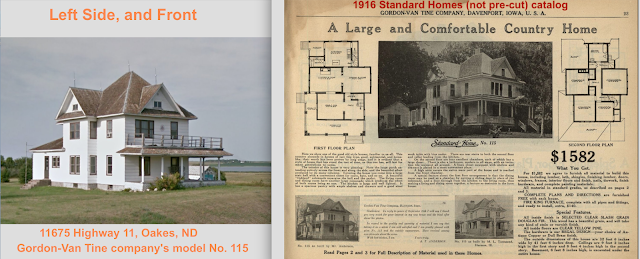 left to right comparison of Gordon-Van Tine Standard cut Home No. 115, at 11675 Highway 11, Oakes, ND and from the 1916 Standard Homes catalog