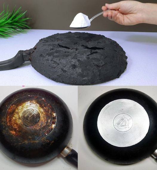 It is only necessary to use two ingredients in order to clean and shine pans that have been scorched on the exterior.