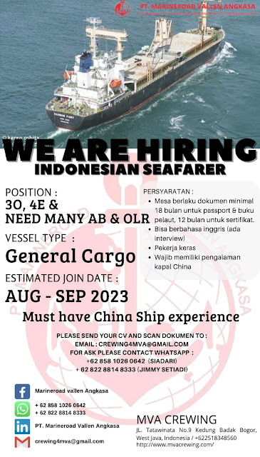 Job for Indonesia Seafarer 3O, 4E, AB, Oiler General Cargo 2023