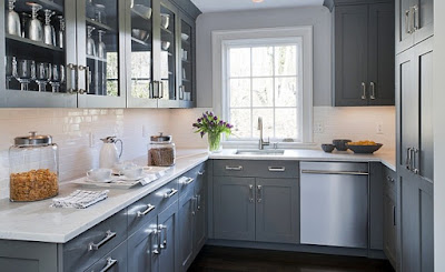small kitchen with gray cabinets