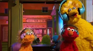 Mr. Johnson and his back-up monsters continue playing his noisy fruit song. Elmo, Zoe, and Big Bird bid farewell. Sesame Street Episode 5011, The Great Fruit Strike, Season 50.