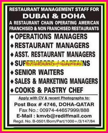 Dubai and DOha Qatar Restaurent Management staff Job Opportunities