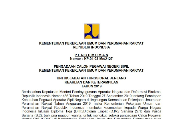 Pengumuman Seleksi CPNS 2019 Kementerian Pekerjaan Umum dab Perumahan Rakyat (PUPR)