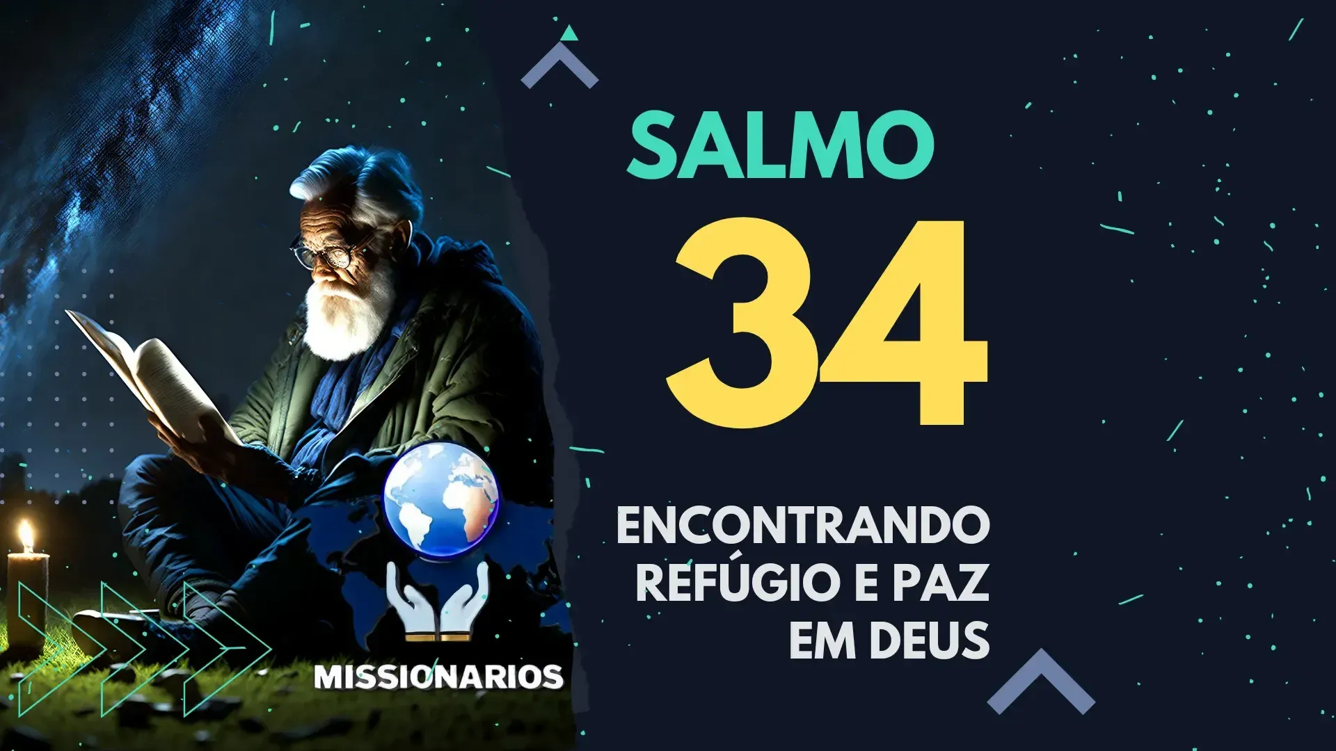 A imagem mostra um senhor de barba e cabelos brancos, sentado na grama, lendo o livro dos salmos. E a capa do estudo bíblico - Encontrando Refúgio e Paz em Deus