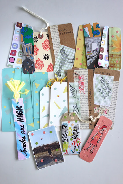 bookmarks, handmade, craft, paper crafts, recycled cardboard, scrap paper, collage, brush lettering, rubber stamps and ink pad, yarn, crafts for book lovers, blah to TADA