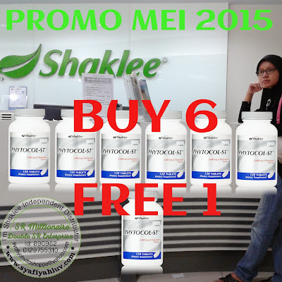 Bermula 1 Mei 2015 Shaklee telah mengadakan promosi bagi Omega Guard dan Phytocol-ST. Dengan pembelian 6 botol dan akan menerima sebotol secara PERCUMA sahaja. Bukan tu je tau dapat jugak PERCUMA KEAHLIAN SEUMUR HIDUP serta dapat PERCUMA sebotol Vita-Lea. Jika buat pembelian 2 botol anda akan mendapat 5% diskaun serta sebotol Vita-Lea secara PERCUMA. Untung kan banyak PERCUMA.