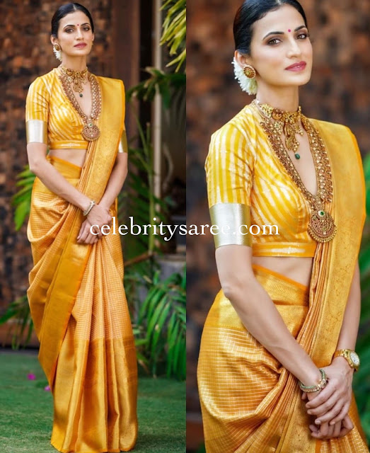 Shilpa Reddy Yellow Stripes Silk Saree 