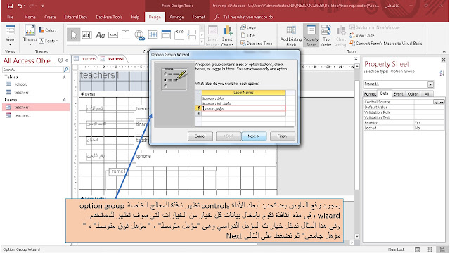 إضافة مجموعة خيارات option group من مجموعة الأدوات controls في برنامج الاكسيس Ms access