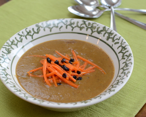 Curried Vegetable Bisque ♥ AVeggieVenture.com, made with pantry vegetables and fruits plus rich spices.