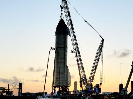 Starship SN8 with nosecone lifted into place (Source: Mary @BocaChicaGal)