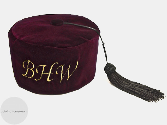 Men's victorian velvet smoking cap with monogram embroidery