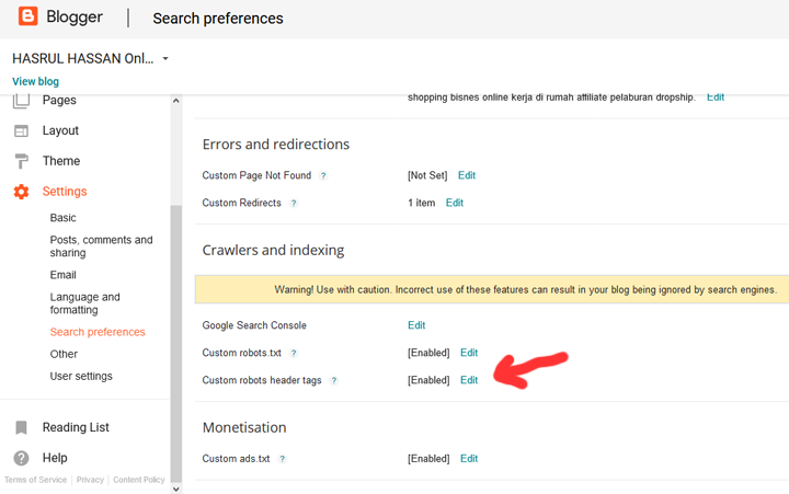 Cara Setting Custom Robots Header Tags Dalam Blogspot 