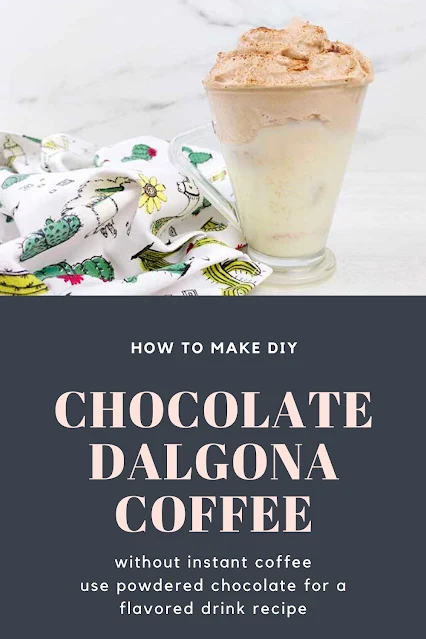 How to make a whipped coffee drink without instant coffee. This recipe uses chocolate powder instead of coffee for a chocolate Dalgona coffee or chocolate whipped coffee recipe. Make flavored whipped coffee drinks like chocolate, strawberry, banana, or hot fudge sundae.  This is an easy iced drink that's perfect for kids! #whippedcoffee #drink #chocolate #recipe