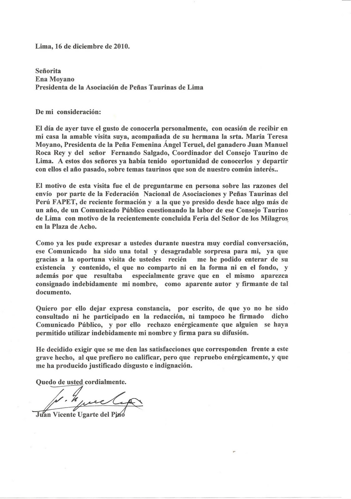 Perú Taurino: CARTA DEL DR. UGARTE DEL PINO DESCONOCIENDO 