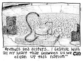 A convention of vacuum cleaners is addressed by a lone vacuum cleaner from a pulpit who proudly proclaims, "Brothers and sisters... I believe with all my heart that between us we can clean up this nation"