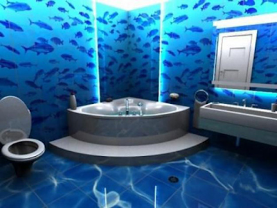 3d bathroom with 3d wall panels and 3d flooring tile design in blue themes with lighting