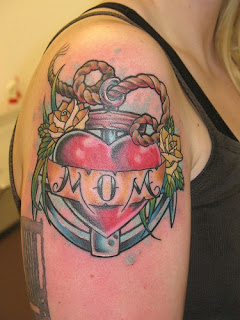 Anchor Tattoo Design of Heart flowers and Mom