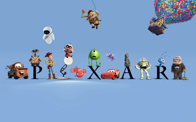 Montaje con varios de los protagonistas de las películas de Pixar con el logotipo de la compañía