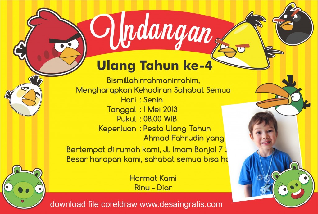 Desain Undangan Ulang  Tahun  Anak  Angry Bird CDR File 
