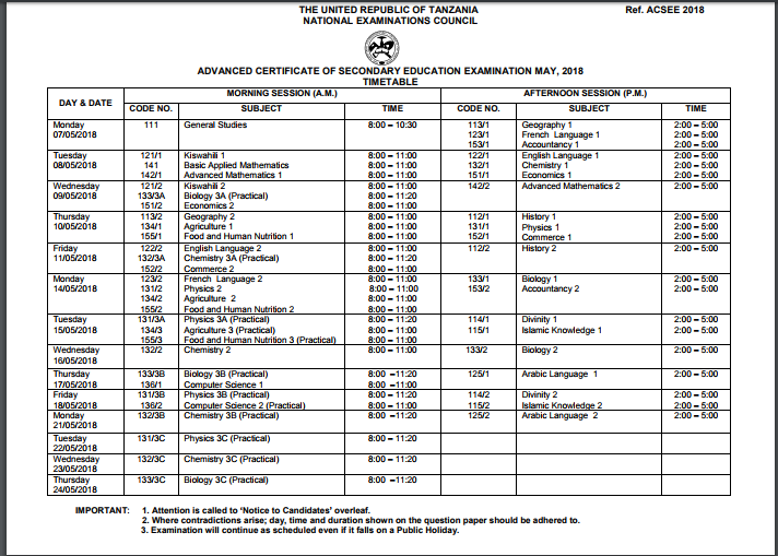 form six examination time table 2018