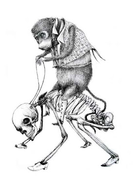 monkey riding human skeleton - comic