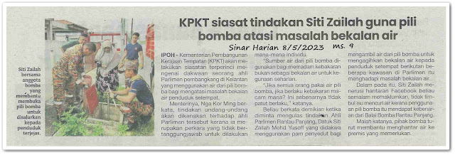 KPKT siasat tindakan Siti Zailah guna pili bomba atasi masalah bekalan air - Keratan akhbar Sinar Harian 8 Mei 2023