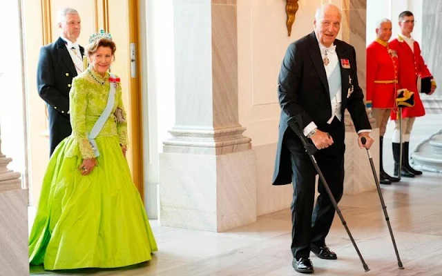 King Harald and Queen Sonja, Crown Prince Frederik and Crown Princess Mary. Diamond and emerald tiara, rosa diamond earrings