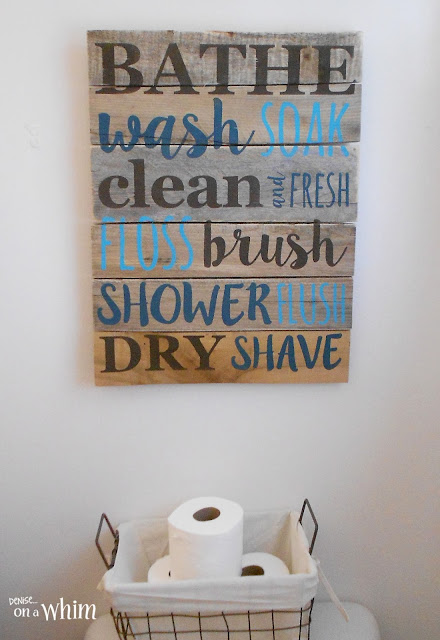 Bathroom Pallet Sign and Wire Basket for Toilet Paper| Vintage Farmhouse Bathroom Makeover | Denise on a Whim