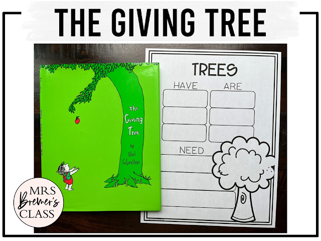 The Giving Tree book activities unit with literacy printables, reading companion worksheets, and lesson ideas for Kindergarten and First Grade