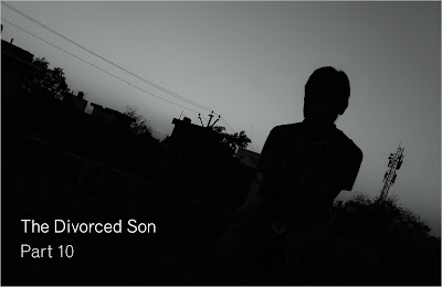 A lone boy walks through city streets. Black and white. Text overlay reads "Divorced Son: Part 10"