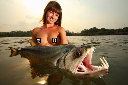 Topless Woman Fishing Breast Boobs Fish Teeth