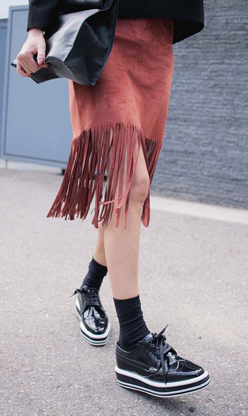  Faux Suede Fringe Hem Skirt